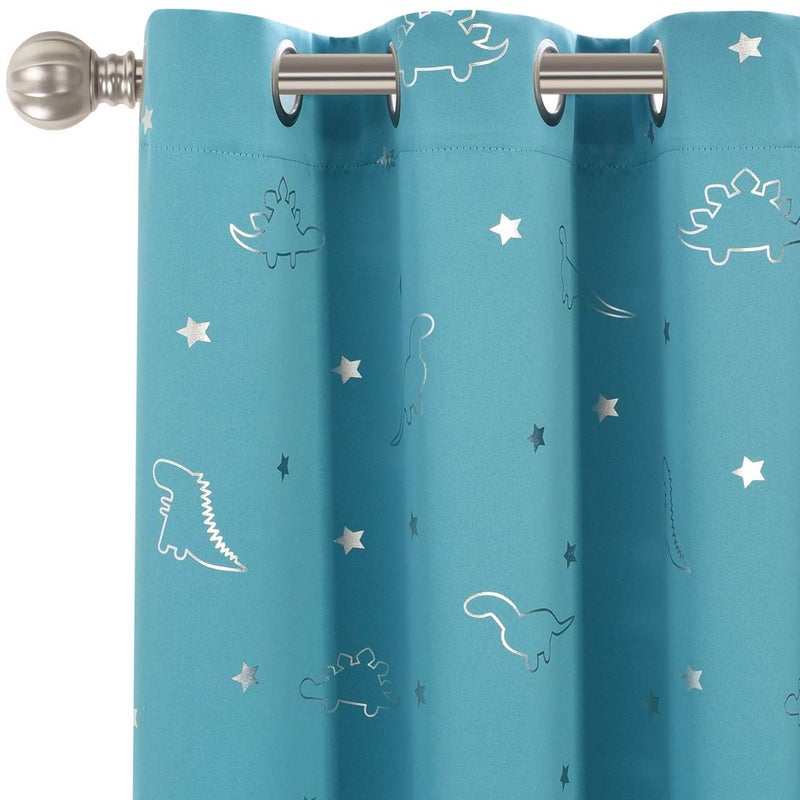 LORDTEX Dinosaur and Star Foil Print Blackout Curtains for Kids Room - Thermal Insulated Curtains Noise Reducing Window Drapes for Boys and Girls Bedroom, 42 x 63 Inch, Teal, Set of 2 Panels - Image 1